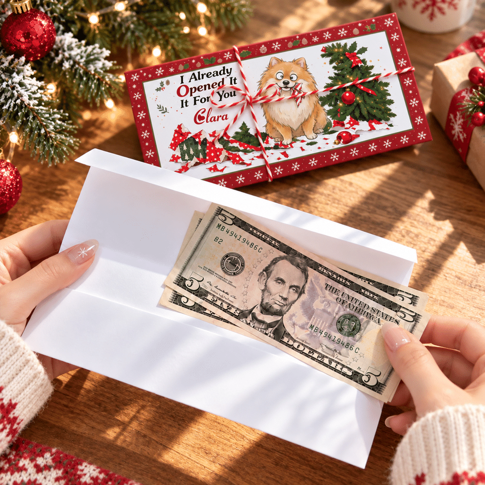 Personalized I Already Opened It For You Christmas Pet Photo Money Holder Card Wallet with Name and Envelope Christmas Party Gift for Family Kids 6
