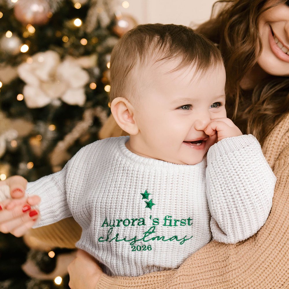 Personalised Embroidered My First Christmas Long Sleeve Knitted Sweater and Santa Hat Set with Name Christmas Outfit Gift for Baby Boys Girls 5