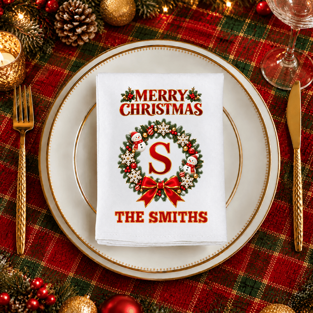 Personalized Christmas Wreath Initial 100% Cotton Christmas Napkin with Text Table Decor Christmas Party Gift for Family Friends 3