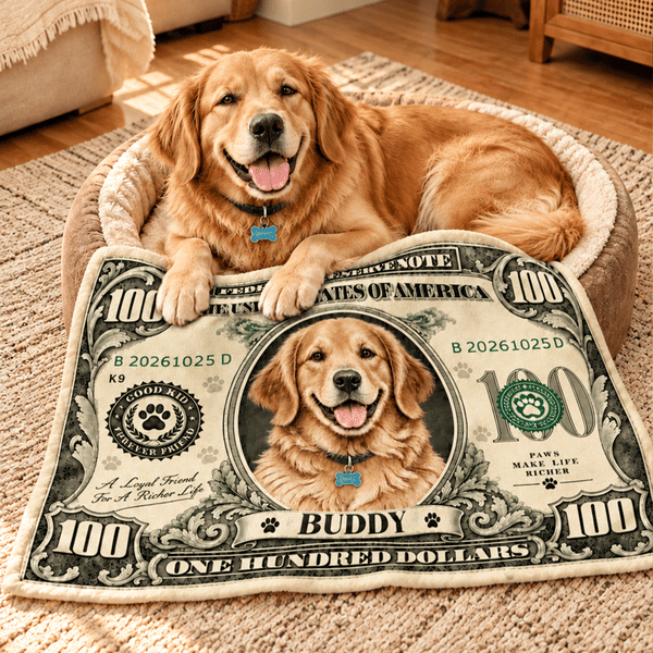 Personalized US Dollar Bill Pet Photo Soft Throw Pet Blanket with Name and Date Home Decor Christmas Birthday Gift for Pet Owner