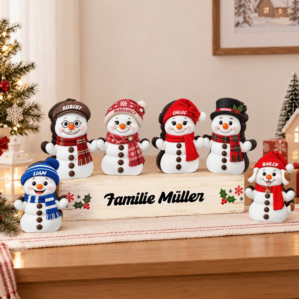 Personalisierte Schneemann-Deko aus Holz | mit Namen | Familien- & Haustierfigur | Fenster- & Tischdeko | Weihnachtsgeschenk für Familie & Großeltern 1