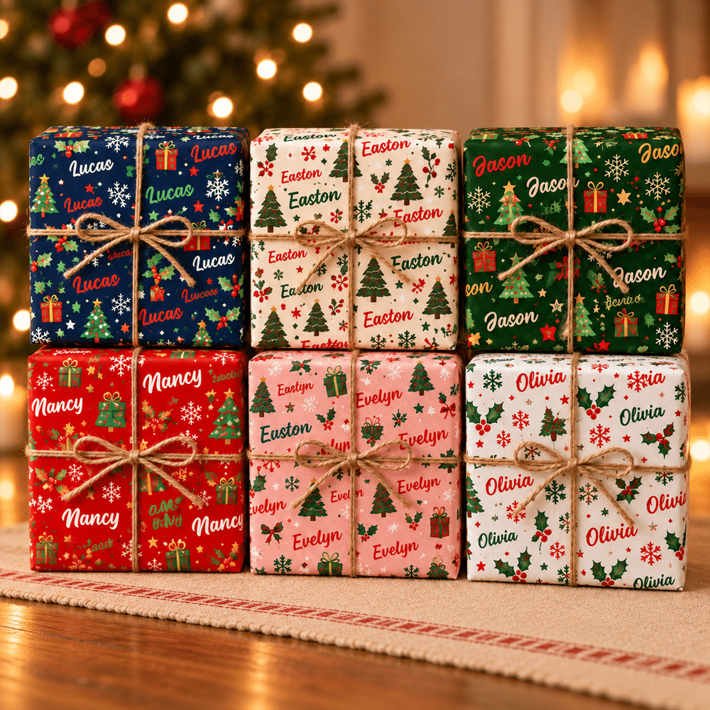Personalized Christmas Tree Snowflake Holly Wrapping Paper with Name Gift Decor Christmas Party Holiday for Family Friends 2