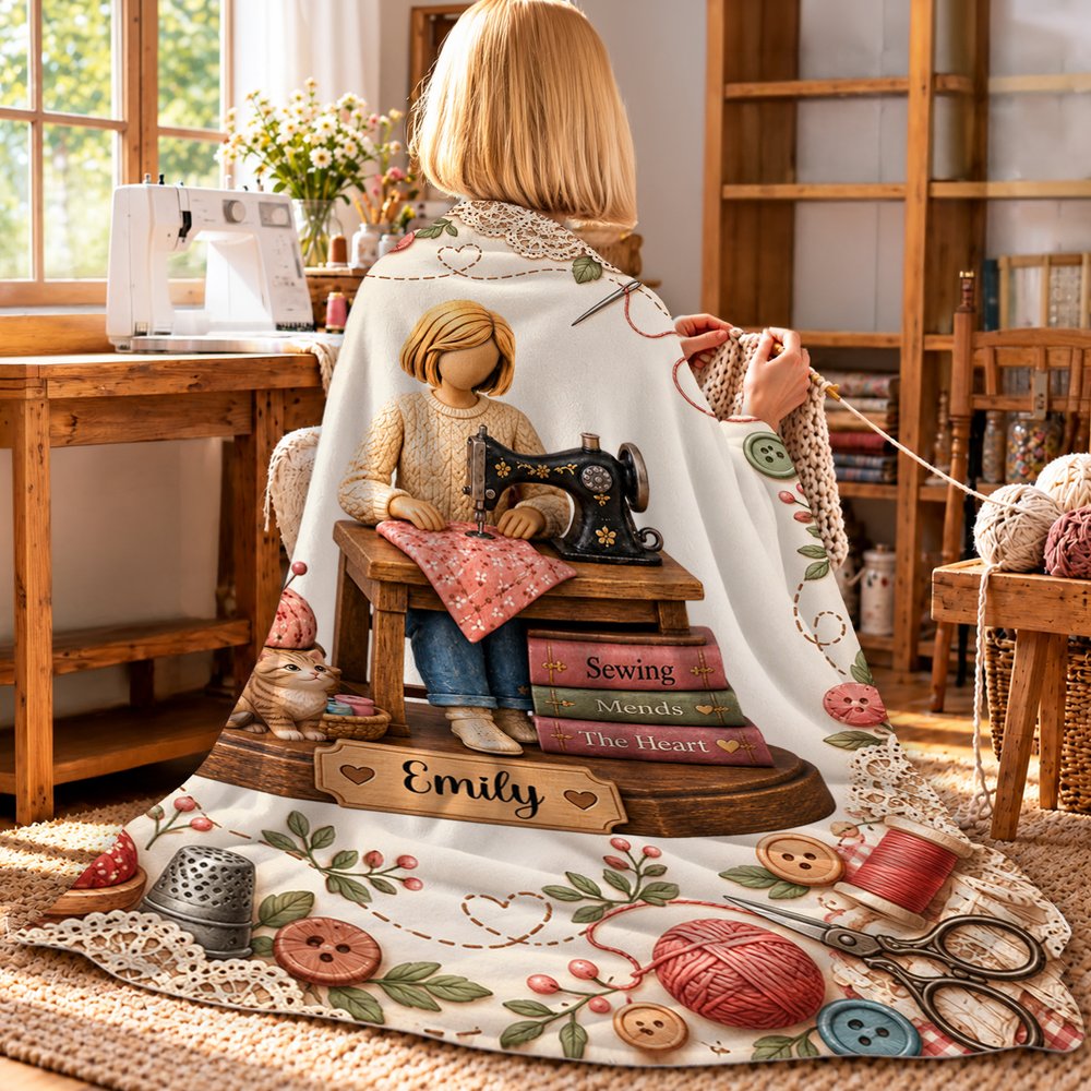 Personalised Cartoon Sewing Girl Cosy Throw Blanket with Name Room Decor Christmas Birthday Gift for Sewing Lovers 3