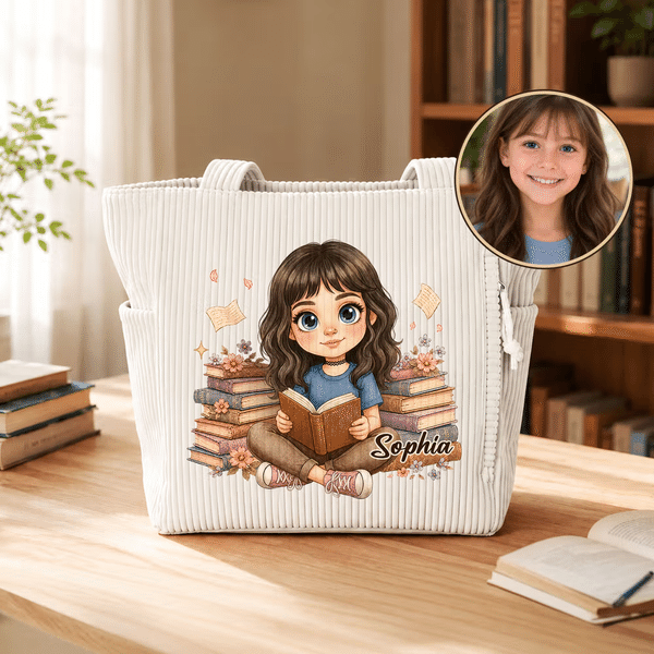 Bolso tote personalizado de pana con foto y personaje animado en acuarela - Regalo de cumpleaños para amantes de la lectura y estudiantes