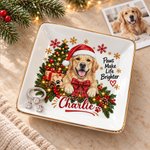 Bandeja de cerámica para joyas con borde dorado, personalizada con una foto de tu mascota con temática navideña y su nombre, ideal como regalo de Navidad para un amigo que tiene mascota 3