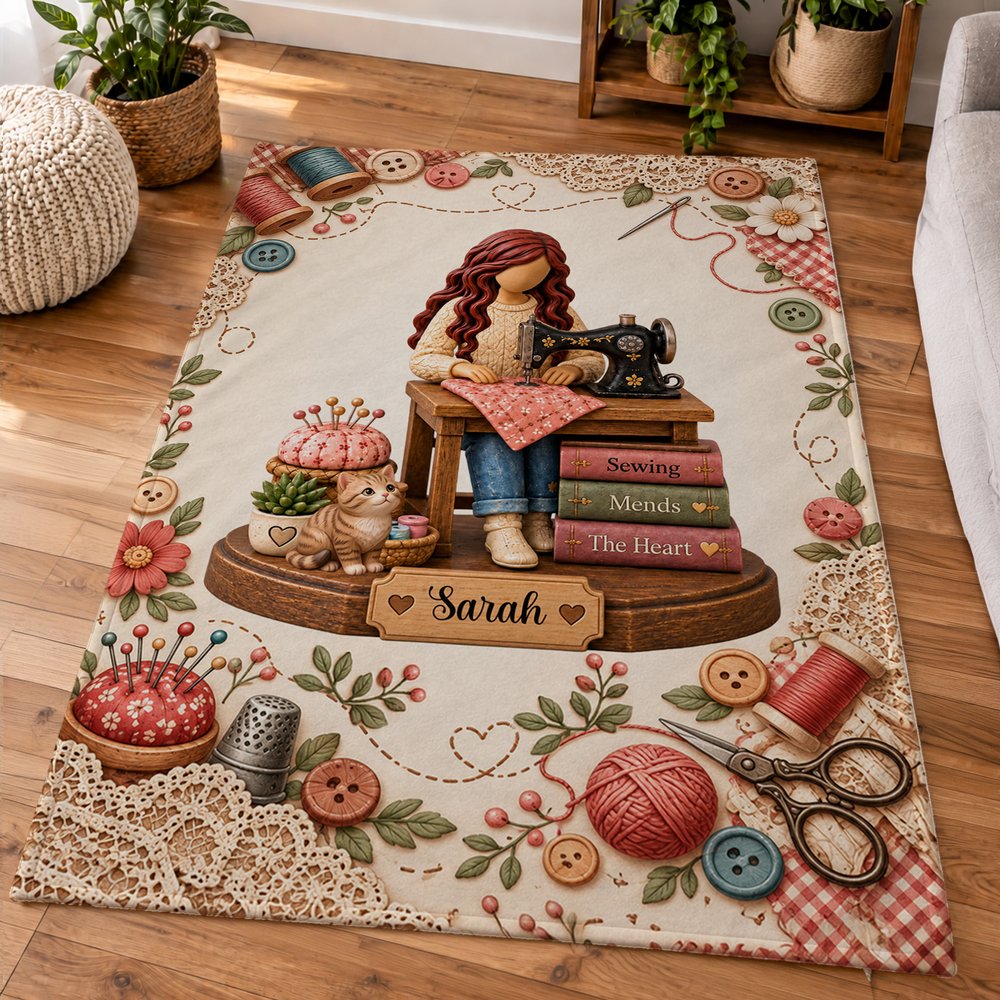 Personalised Cartoon Sewing Girl Cosy Throw Blanket with Name Room Decor Christmas Birthday Gift for Sewing Lovers 5