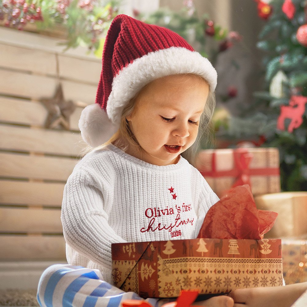Personalised Embroidered My First Christmas Long Sleeve Knitted Sweater and Santa Hat Set with Name Christmas Outfit Gift for Baby Boys Girls 6