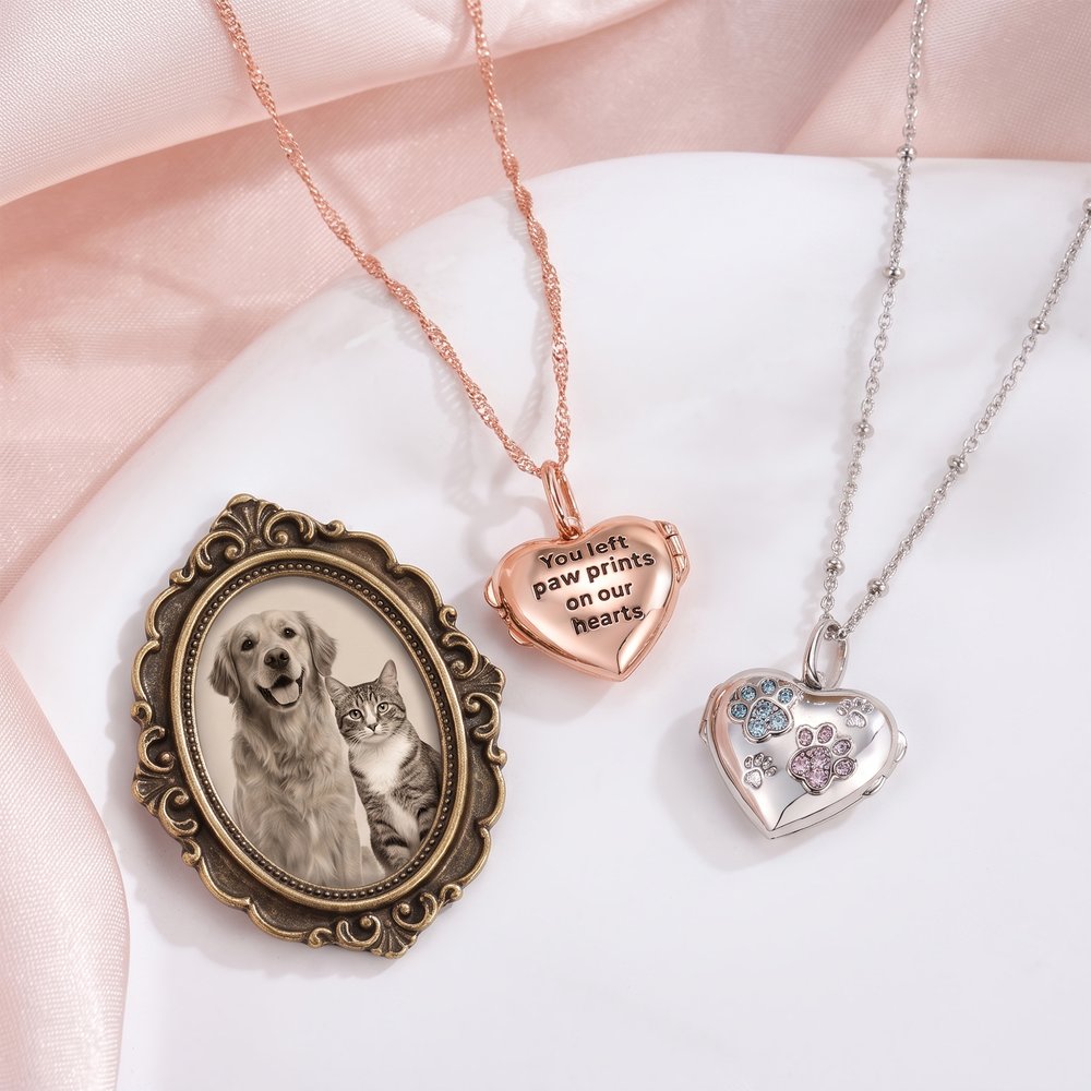 Collar con medallón de plata de ley en forma de corazón con foto de la mascota, huella y piedra natal; joya delicada con texto; regalo conmemorativo para propietarios de mascotas y familiares 3