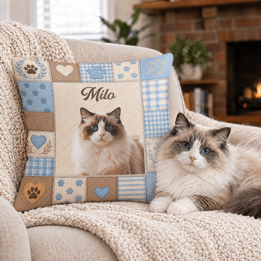 Personalised Patchwork Plaid Paw Print Faux Quilted Pet Photo Pillow Cover with Name and Text Home Decor Memorial Sympathy Gift for Pet Owners 5