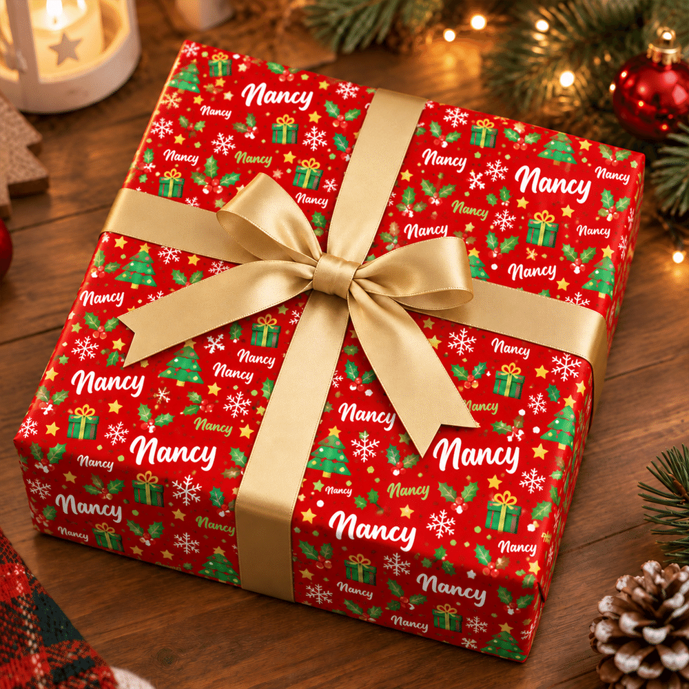 Personalized Christmas Tree Snowflake Holly Wrapping Paper with Name Gift Decor Christmas Party Holiday for Family Friends 4