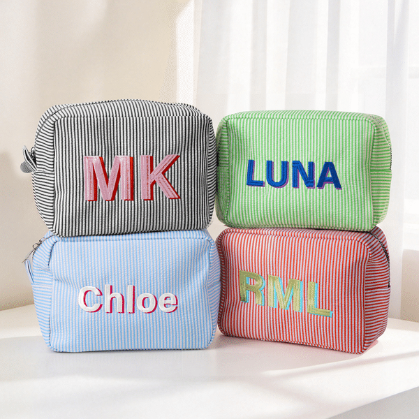 Personalised Multicolour Monogram Shadow Striped Makeup Bag with Embroidered Name Wedding Party Christmas Gift for Bridesmaid Friend