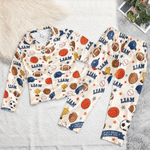Conjunto de pijama infantil personalizado con diseño de pelotas deportivas y estilo acolchado, con nombre; regalo de cumpleaños y Navidad para niños 8