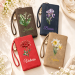 Personalised Birth Flower Portable PU Leather Wallet with Name and Wristlet Travel Birthday Gift for Women Friends 2