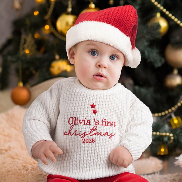 Gepersonaliseerde geborduurde My First Christmas Gebreide trui met lange mouwen en kerstmuts set met naam kerst outfit cadeau voor baby jongens meisjes