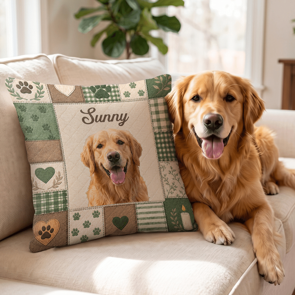 Personalised Patchwork Plaid Paw Print Faux Quilted Pet Photo Pillow Cover with Name and Text Home Decor Memorial Sympathy Gift for Pet Owners 6