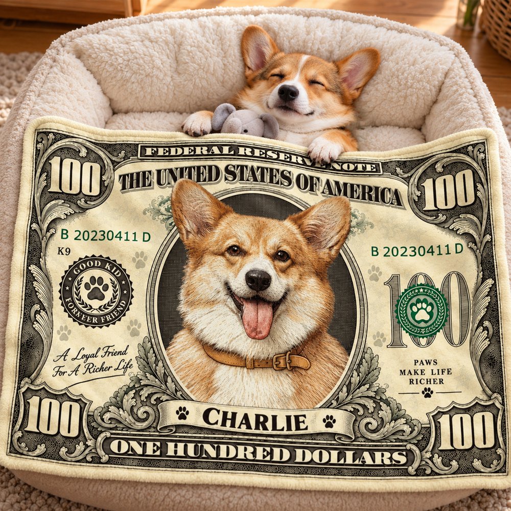 Personalized US Dollar Bill Pet Photo Soft Throw Pet Blanket with Name and Date Home Decor Christmas Birthday Gift for Pet Owner 2