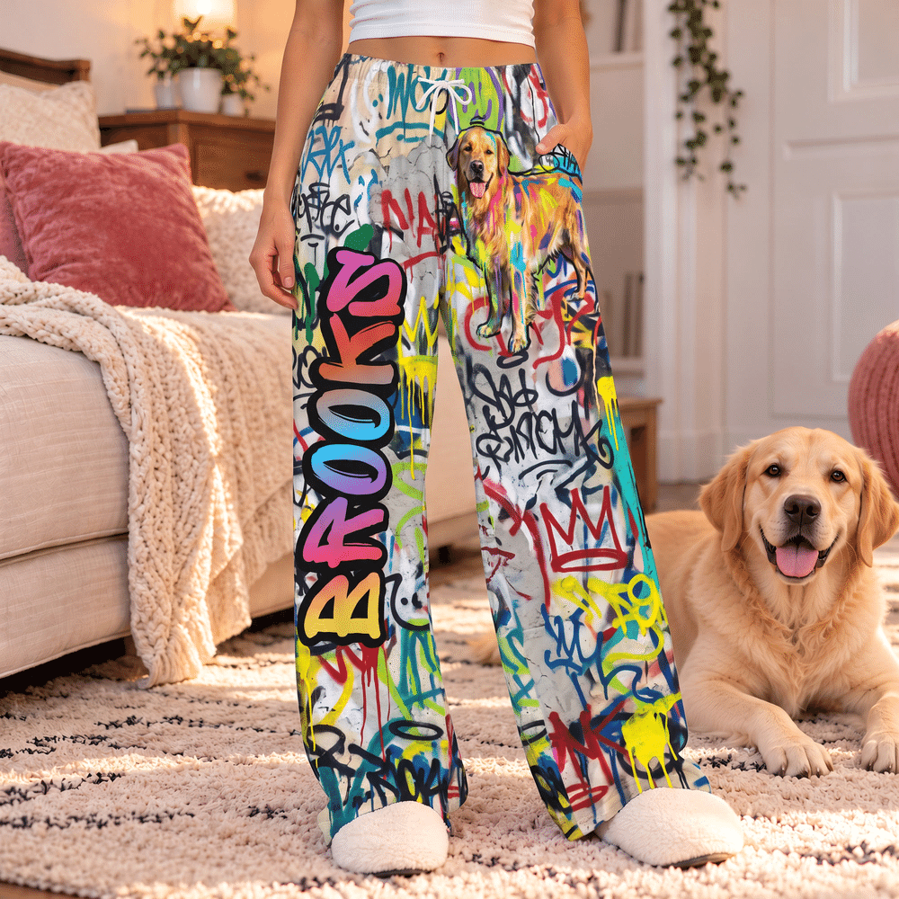 Personalized Graffiti Pet Portrait Elastic Pajama Pants with Photo and Name Birthday Christmas Gift for Pet Owners Graffiti Lovers 5