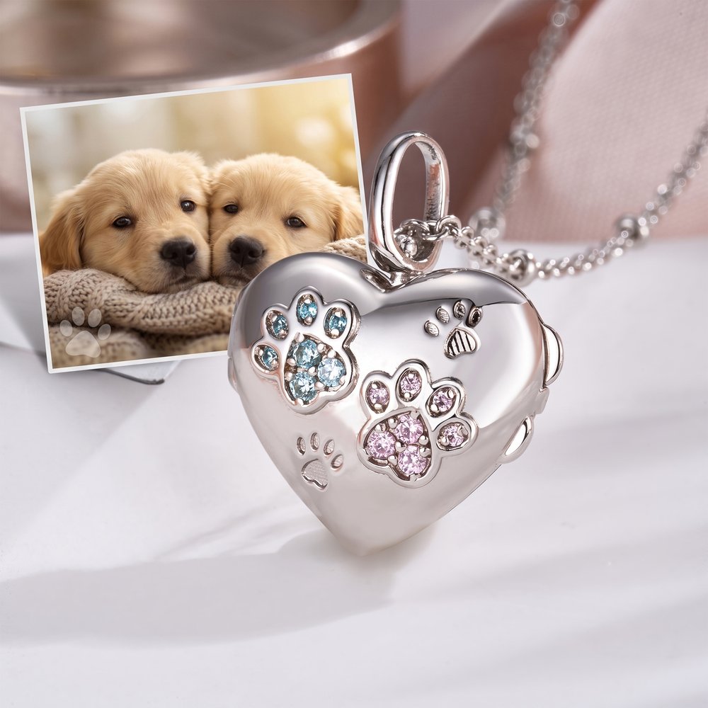 Collar con medallón de plata de ley en forma de corazón con foto de la mascota, huella y piedra natal; joya delicada con texto; regalo conmemorativo para propietarios de mascotas y familiares 4