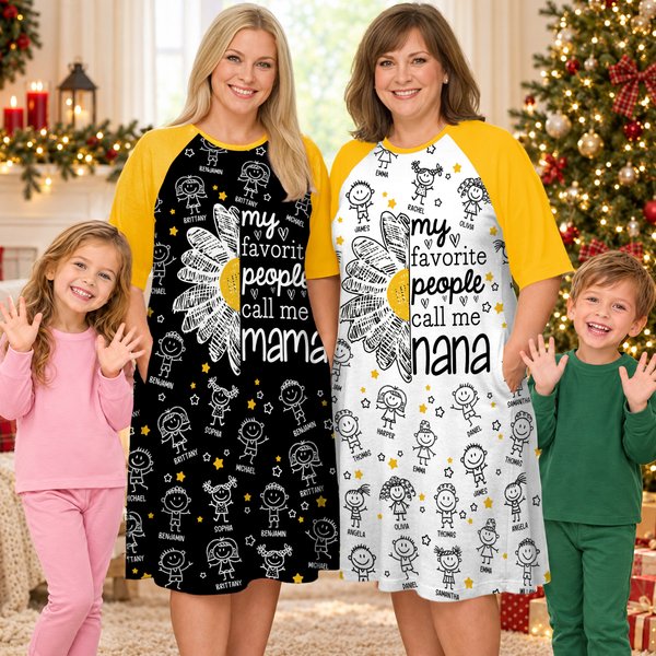 Personalised 1-16 Cartoon Line Art Kids Nightgown with Names and Side Pocket Daily Wear Birthday Christmas Gift for Grandma Mum
