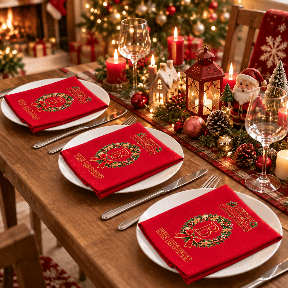 Personalized Christmas Wreath Initial 100% Cotton Christmas Napkin with Text Table Decor Christmas Party Gift for Family Friends 2