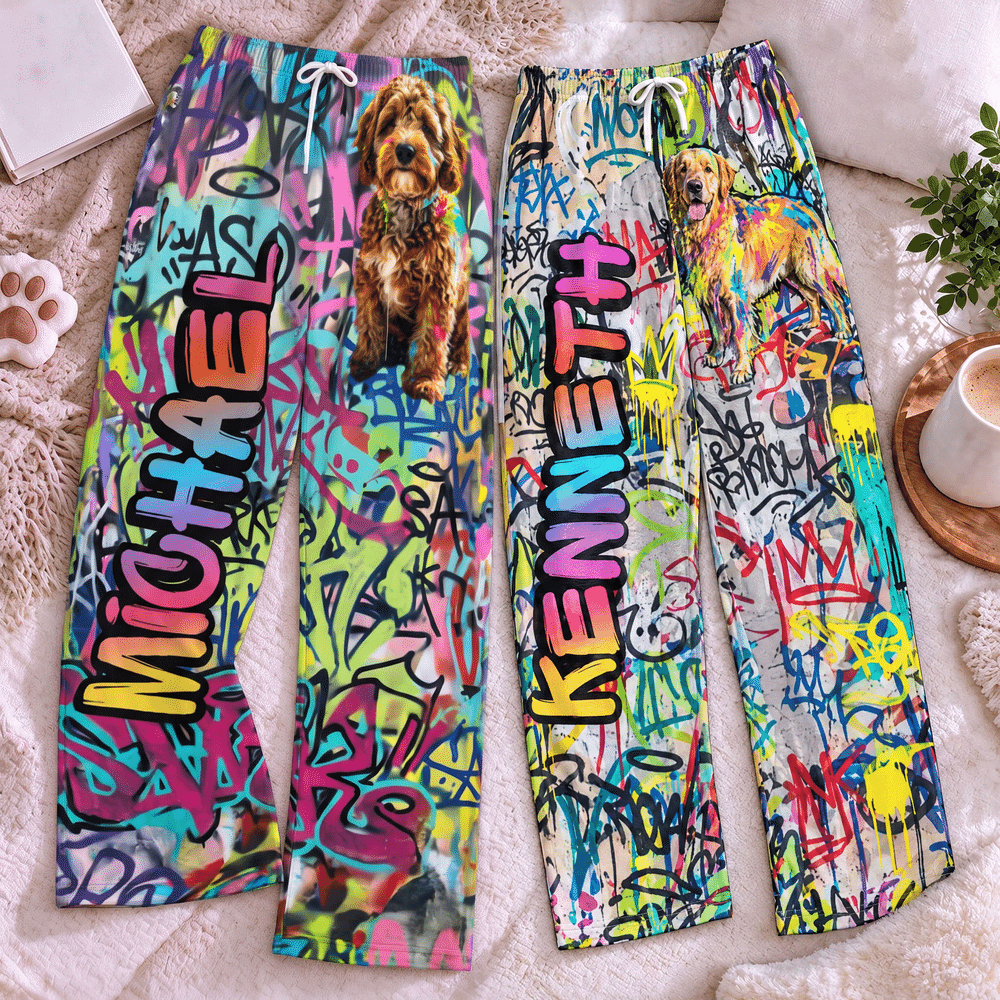 Personalized Graffiti Pet Portrait Elastic Pajama Pants with Photo and Name Birthday Christmas Gift for Pet Owners Graffiti Lovers 2