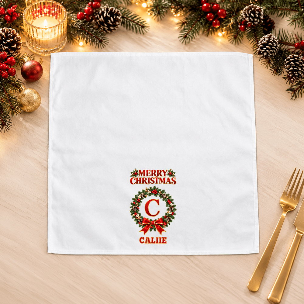 Personalized Christmas Wreath Initial 100% Cotton Christmas Napkin with Text Table Decor Christmas Party Gift for Family Friends 6