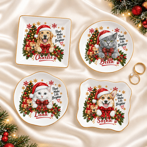 Personalised Christmas Theme Pet Photo Character Gold Rim Ceramic Jewellery Tray with Name Christmas Gift for Pet Owner Friend