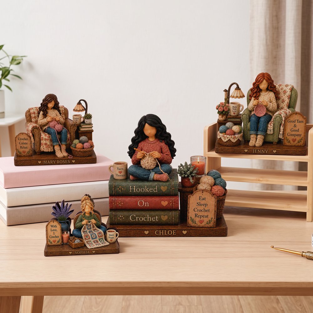 Personalised 3D-Effect Art Crochet Girl Wooden Ornament with Name Shelf Sitter Table Decor Birthday Anniversary Gift for Crochet Knitting Lovers 2