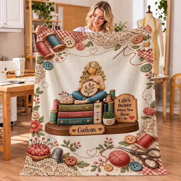 Personalised Cartoon Sewing Girl Cosy Throw Blanket with Name Room Decor Christmas Birthday Gift for Sewing Lovers
