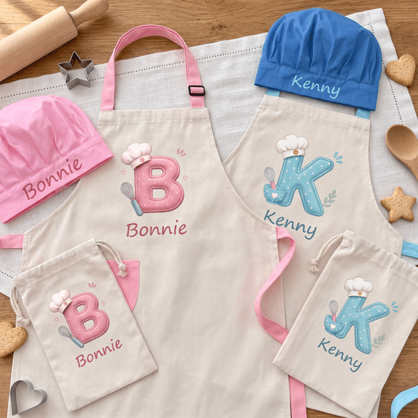 Personalised Baking Themed Whisk Initial Adjustable Apron Chef Hat Storage Bag Set with Name Christmas Holiday Party Gift for Boys Girls