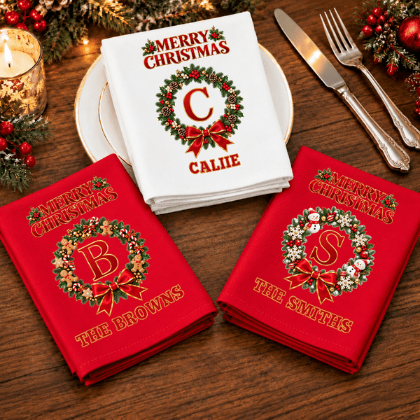 Personalized Christmas Wreath Initial 100% Cotton Christmas Napkin with Text Table Decor Christmas Party Gift for Family Friends
