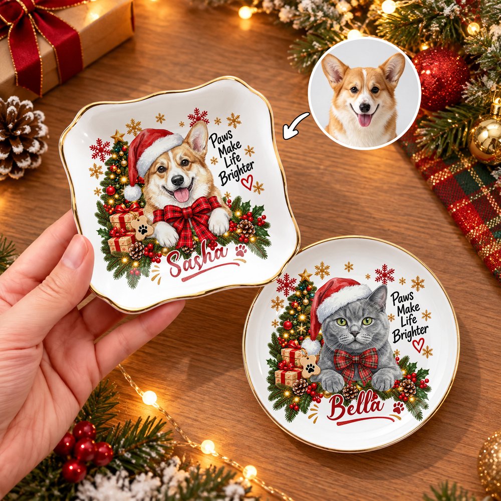 Bandeja de cerámica para joyas con borde dorado, personalizada con una foto de tu mascota con temática navideña y su nombre, ideal como regalo de Navidad para un amigo que tiene mascota 5