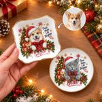 Bandeja de cerámica para joyas con borde dorado, personalizada con una foto de tu mascota con temática navideña y su nombre, ideal como regalo de Navidad para un amigo que tiene mascota 5