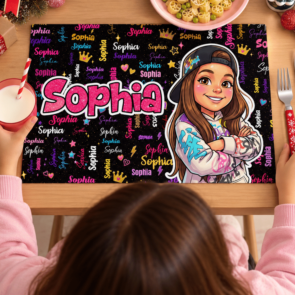 Personalised 3D-Effect Art Comic Style Cartoon Character Photo Placemat with Name Dining Table Decor Christmas Gift for Boys Girls 4