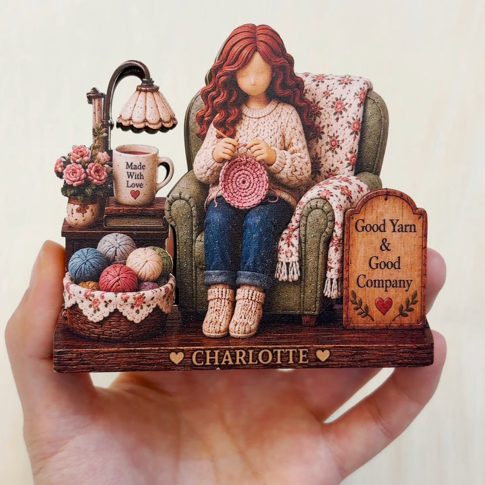 Personalised 3D-Effect Art Crochet Girl Wooden Ornament with Name Shelf Sitter Table Decor Birthday Anniversary Gift for Crochet Knitting Lovers 3