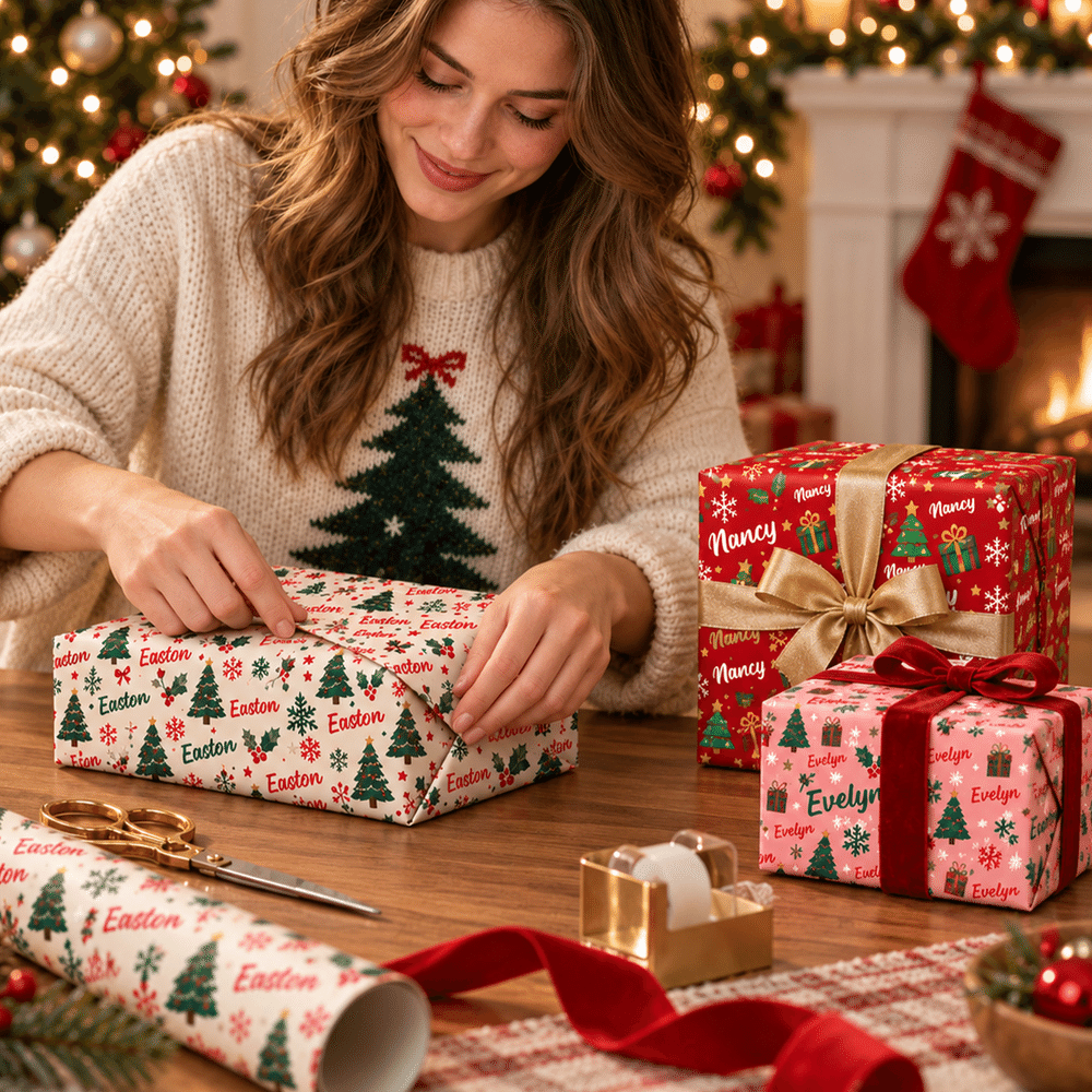 Personalized Christmas Tree Snowflake Holly Wrapping Paper with Name Gift Decor Christmas Party Holiday for Family Friends 6
