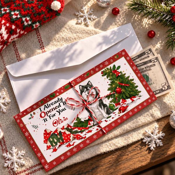 Personalized I Already Opened It For You Christmas Pet Photo Money Holder Card Wallet with Name and Envelope Christmas Party Gift for Family Kids