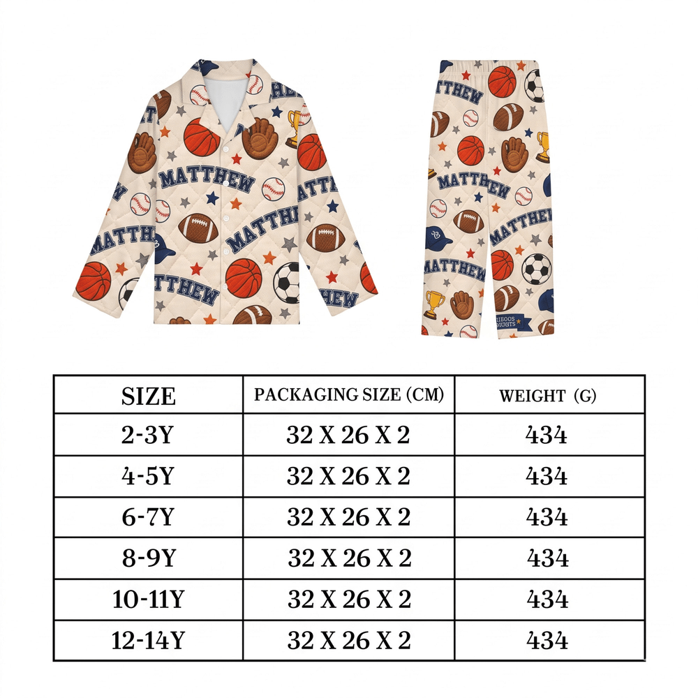 Conjunto de pijama infantil personalizado con diseño de pelotas deportivas y estilo acolchado, con nombre; regalo de cumpleaños y Navidad para niños 11