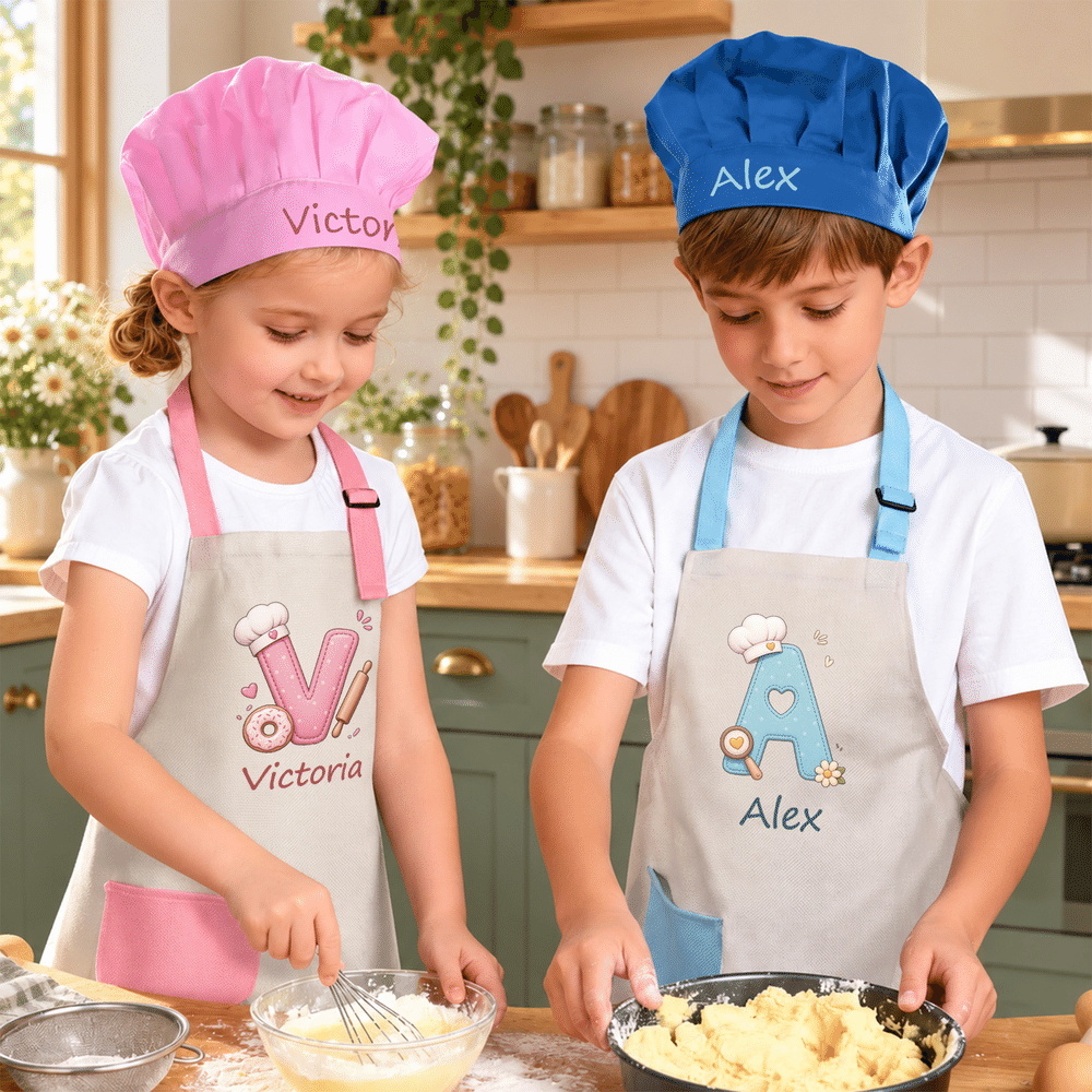 Personalised Baking Themed Whisk Initial Adjustable Apron Chef Hat Storage Bag Set with Name Christmas Holiday Party Gift for Boys Girls 4