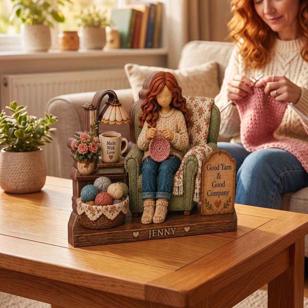 Personalised 3D-Effect Art Crochet Girl Wooden Ornament with Name Shelf Sitter Table Decor Birthday Anniversary Gift for Crochet Knitting Lovers 9