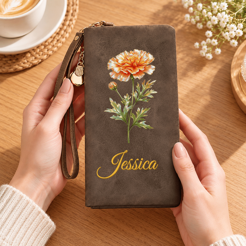 Personalised Birth Flower Portable PU Leather Wallet with Name and Wristlet Travel Birthday Gift for Women Friends 3
