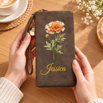 Personalised Birth Flower Portable PU Leather Wallet with Name and Wristlet Travel Birthday Gift for Women Friends 3