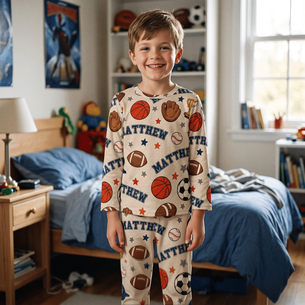Conjunto de pijama infantil personalizado con diseño de pelotas deportivas y estilo acolchado, con nombre; regalo de cumpleaños y Navidad para niños 6