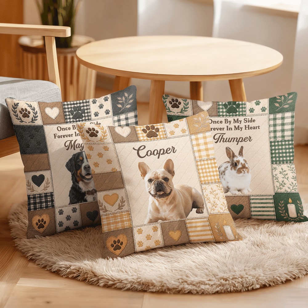 Personalised Patchwork Plaid Paw Print Faux Quilted Pet Photo Pillow Cover with Name and Text Home Decor Memorial Sympathy Gift for Pet Owners 3