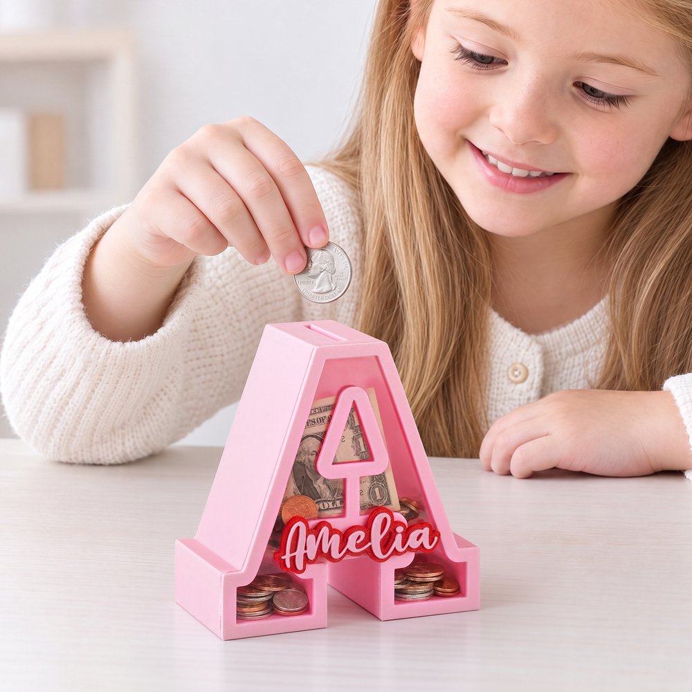 Personalized Creative 3D-Printed Initial Shape Piggy Bank Money Box with Name Christmas Birthday Gift for Kids 2