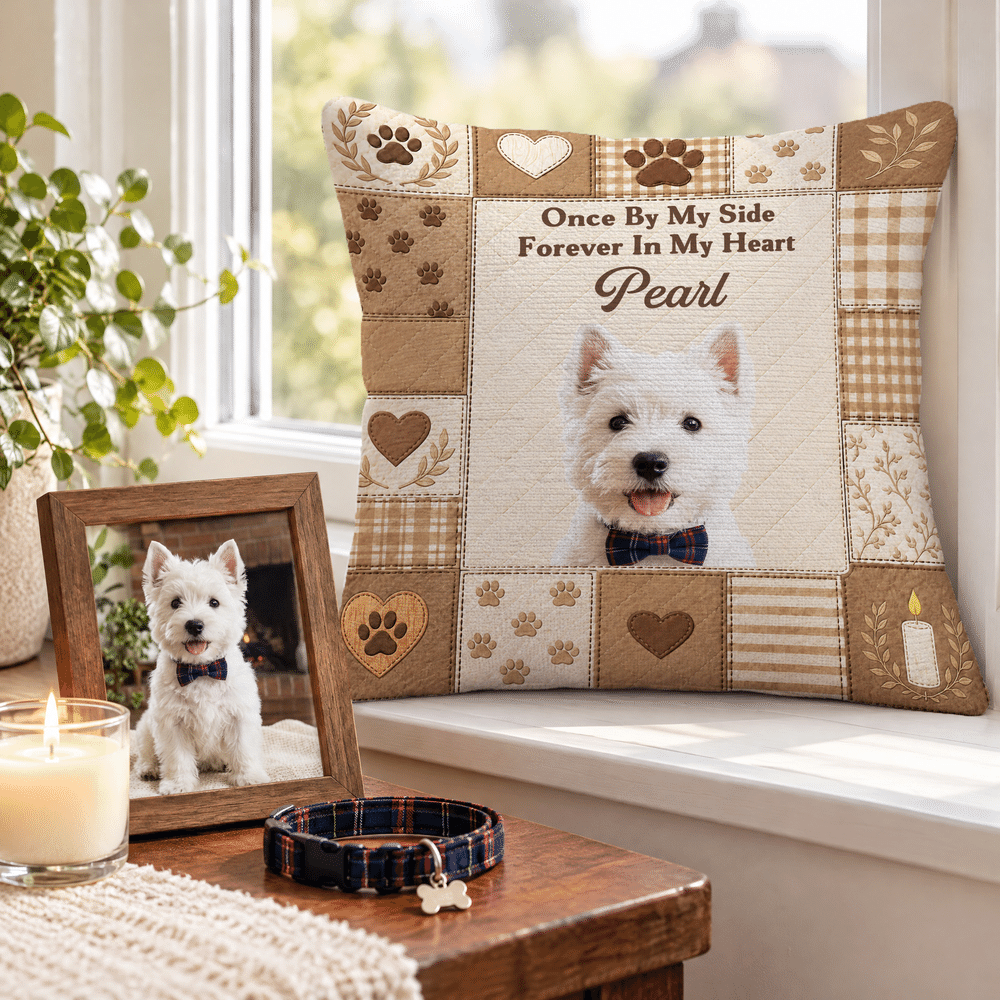 Personalised Patchwork Plaid Paw Print Faux Quilted Pet Photo Pillow Cover with Name and Text Home Decor Memorial Sympathy Gift for Pet Owners 7