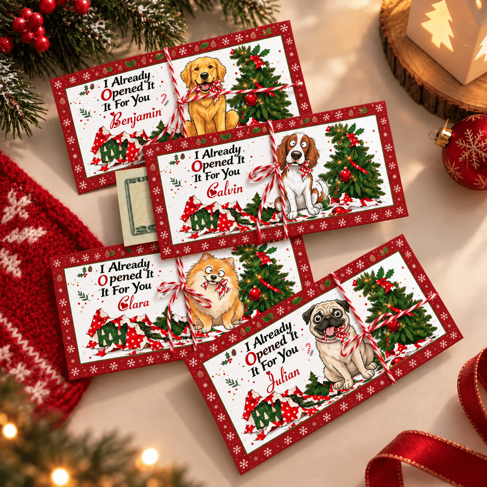 Personalized I Already Opened It For You Christmas Pet Photo Money Holder Card Wallet with Name and Envelope Christmas Party Gift for Family Kids 2