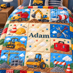 Personalised Patchwork Construction Lorry Faux Quilted Soft Throw Blanket with Name Home Decor Birthday Christmas Holiday Gift for Boys Kids 6