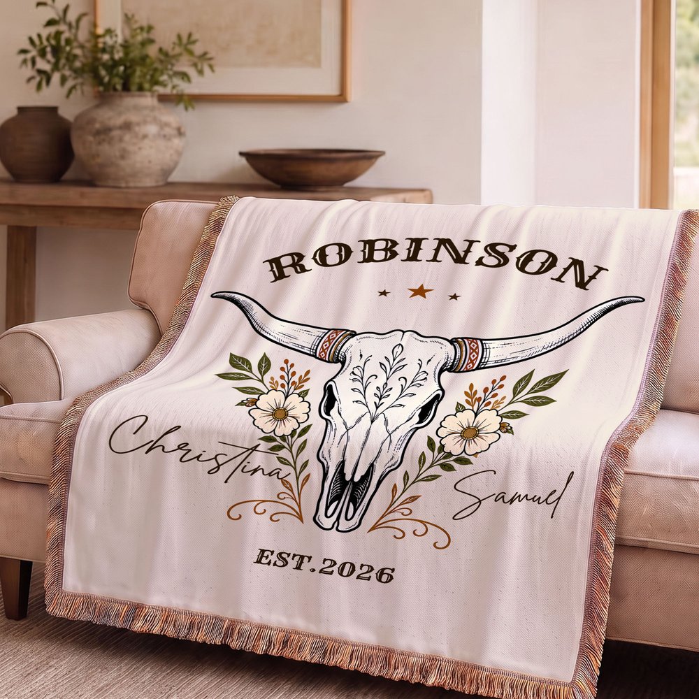 Personalised Western Cow Skull Tassel Blanket with Names and Year Home Decor Birthday Anniversary Gift for Couples 5