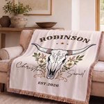Personalised Western Cow Skull Tassel Blanket with Names and Year Home Decor Birthday Anniversary Gift for Couples 5